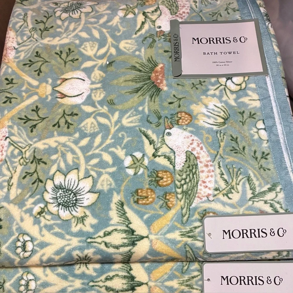 William Morris Co Strawberry Thief Green Cotton Velour 6 Pc Towel Set NWT